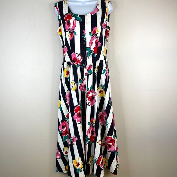 Vintage Dresses & Skirts - Vintage Garden Tea Party Midi Dress 10 Whimsical Alice Floral Stripe Bow Back